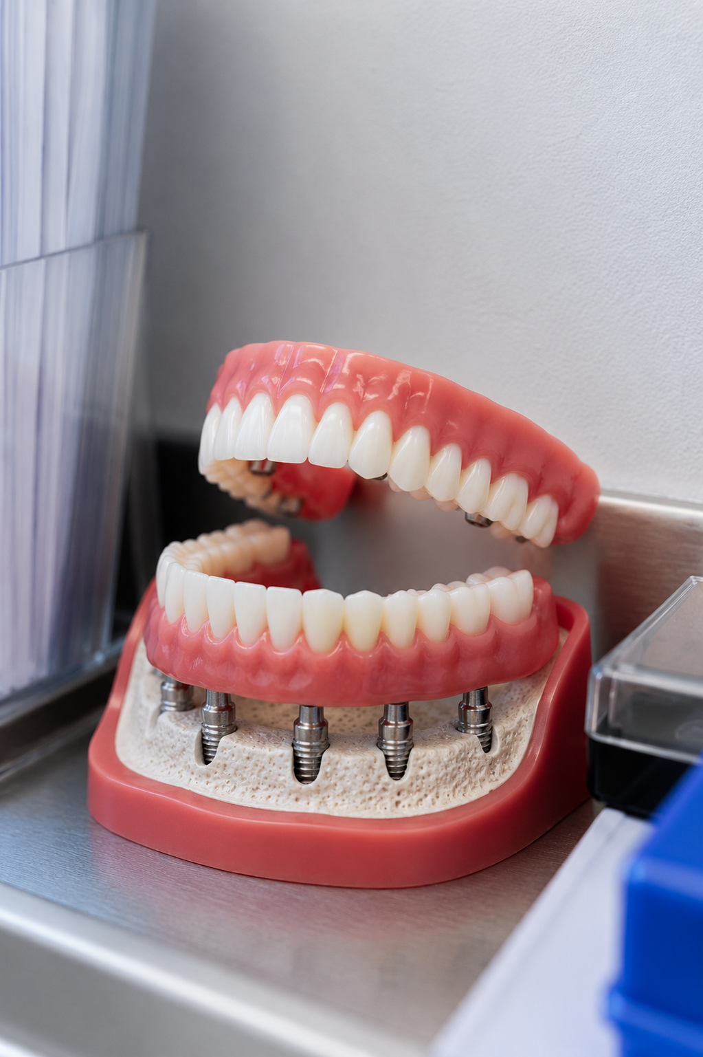 Dental implant model with removable upper and lower pink-and-white dentures on a countertop