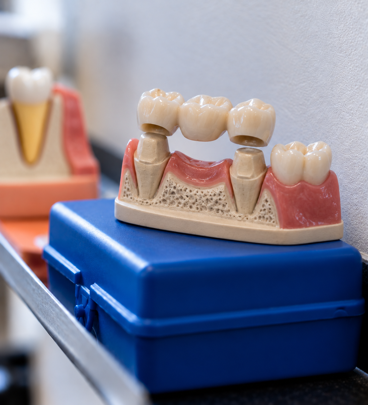 Dental bridge model on a blue stand, showing artificial teeth and gums in close-up.