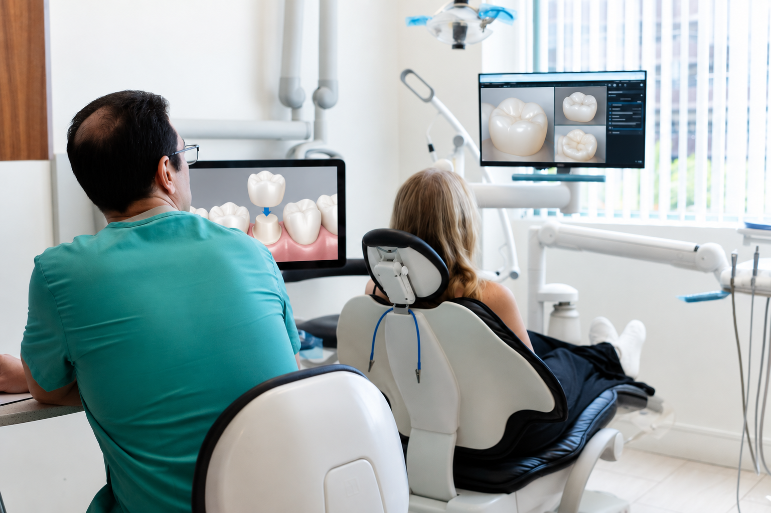 Dentist showing dental scan images to a seated patient in a bright clinic room