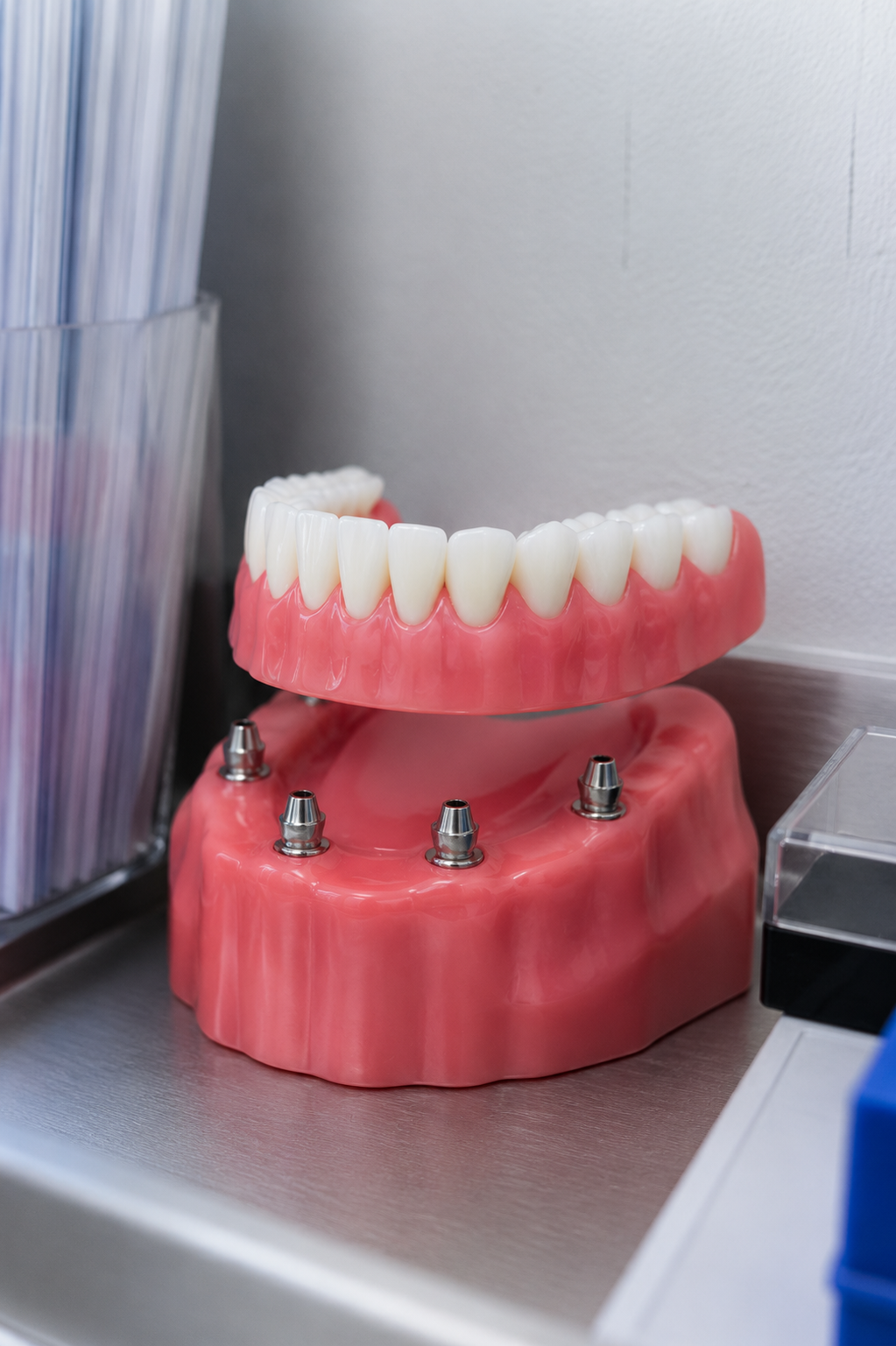 Dental model with pink gums and white teeth on a workbench