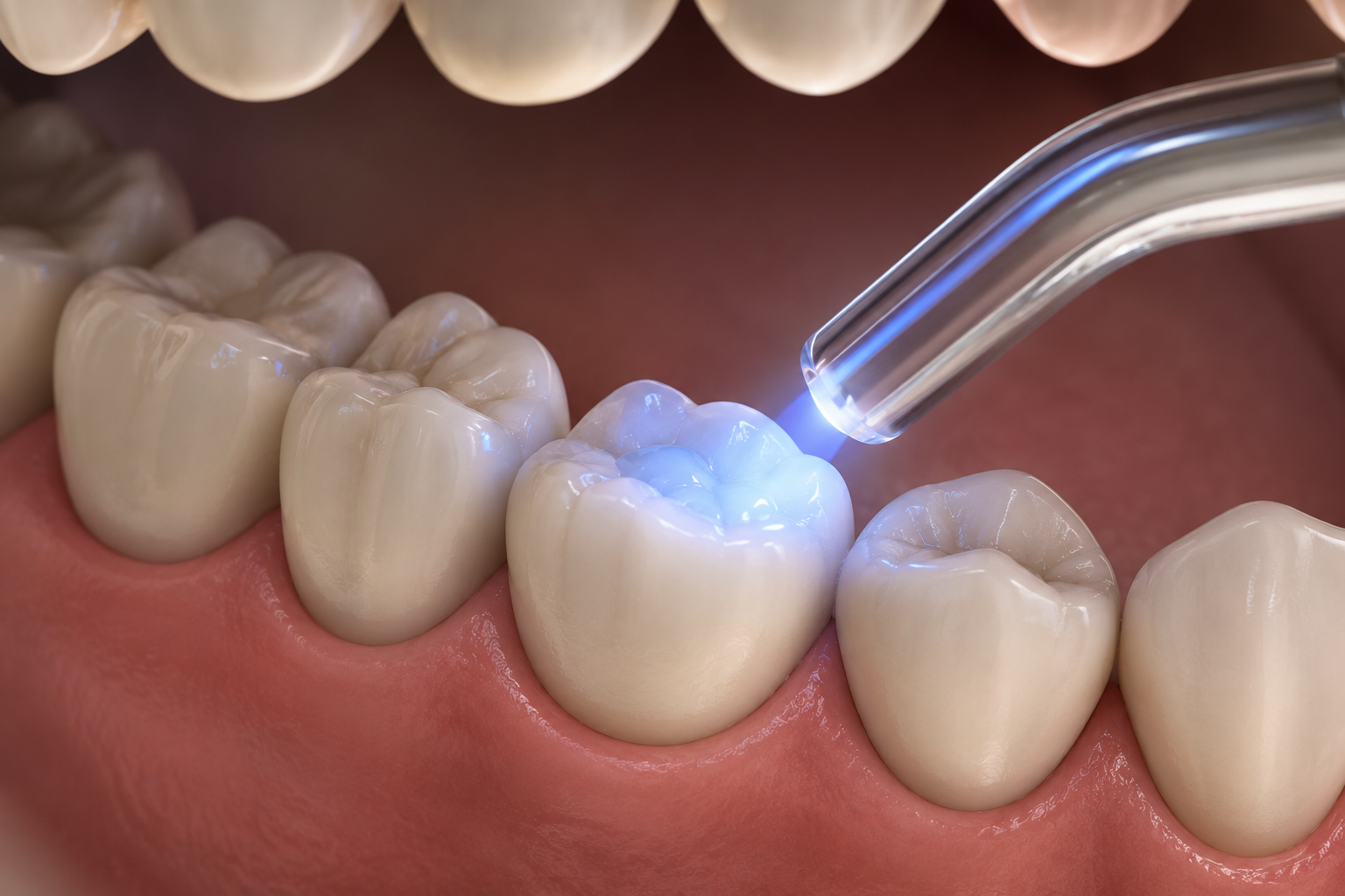 Dentist pointing at a digital dental scan on a tablet in a clinic chairside setting