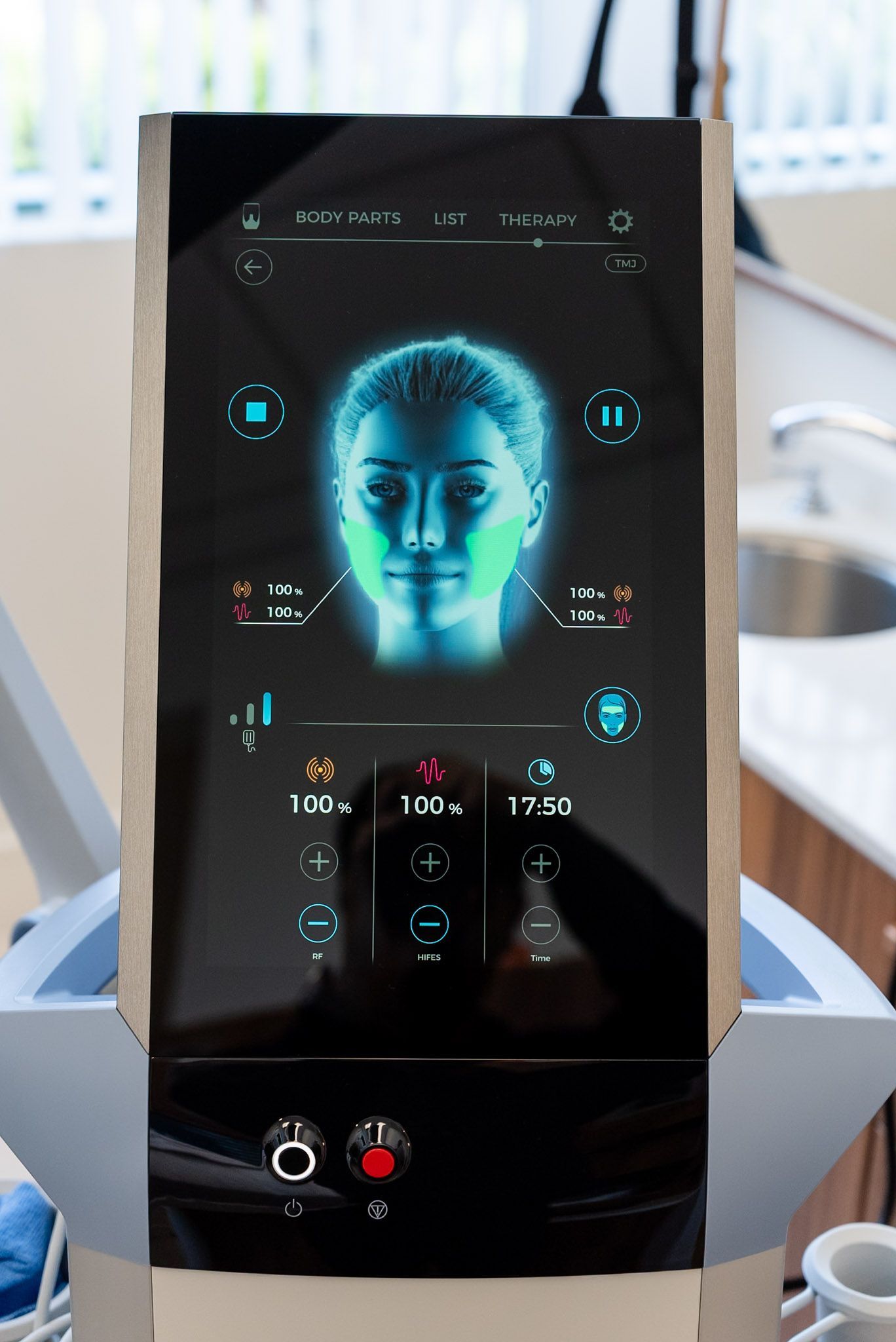 The EMFACE TMJ treatment screen at Forever Smile, a Los Angeles dental office