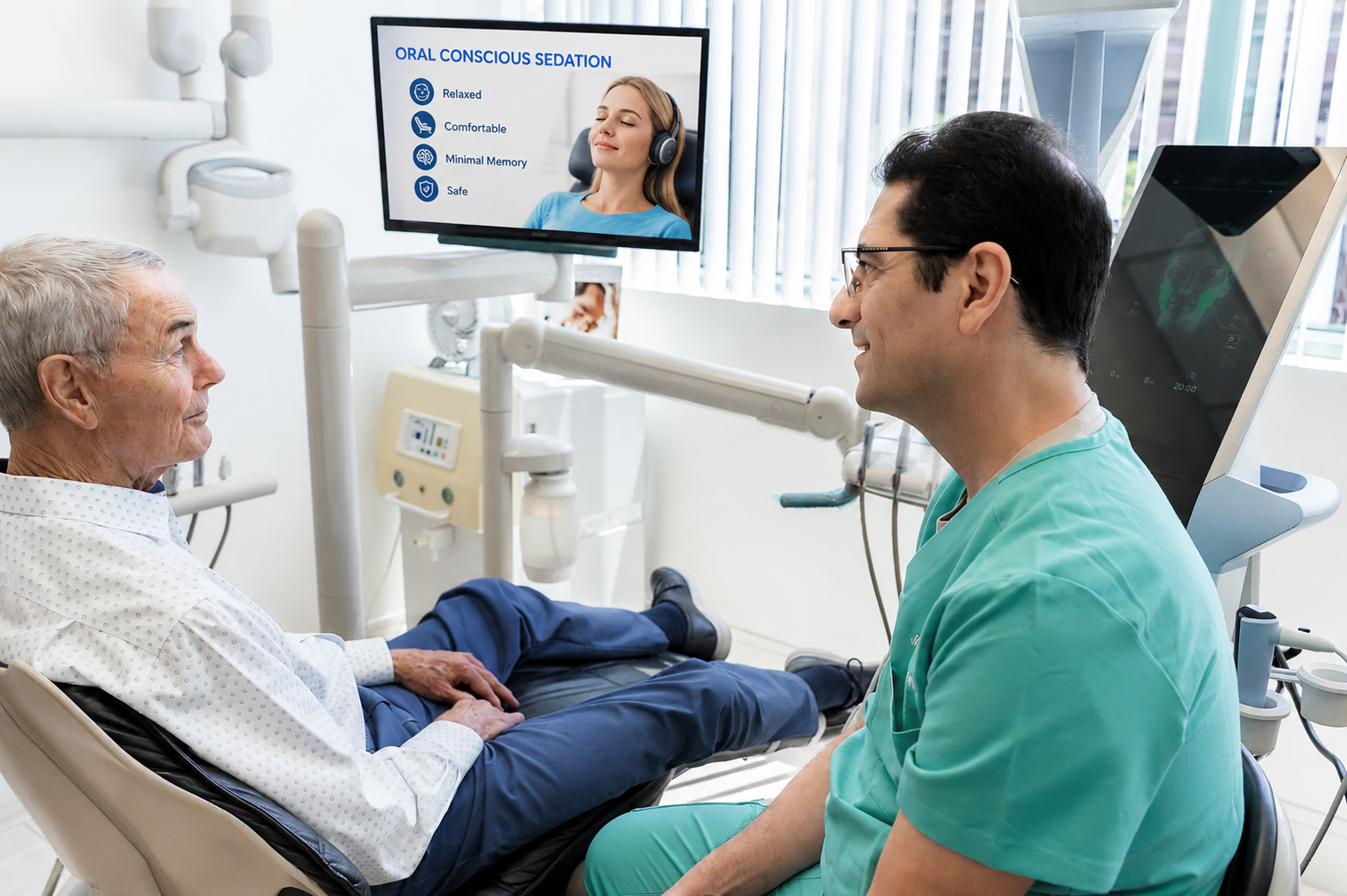 Patient talking with a dentist in a bright dental clinic, with a treatment screen in the background