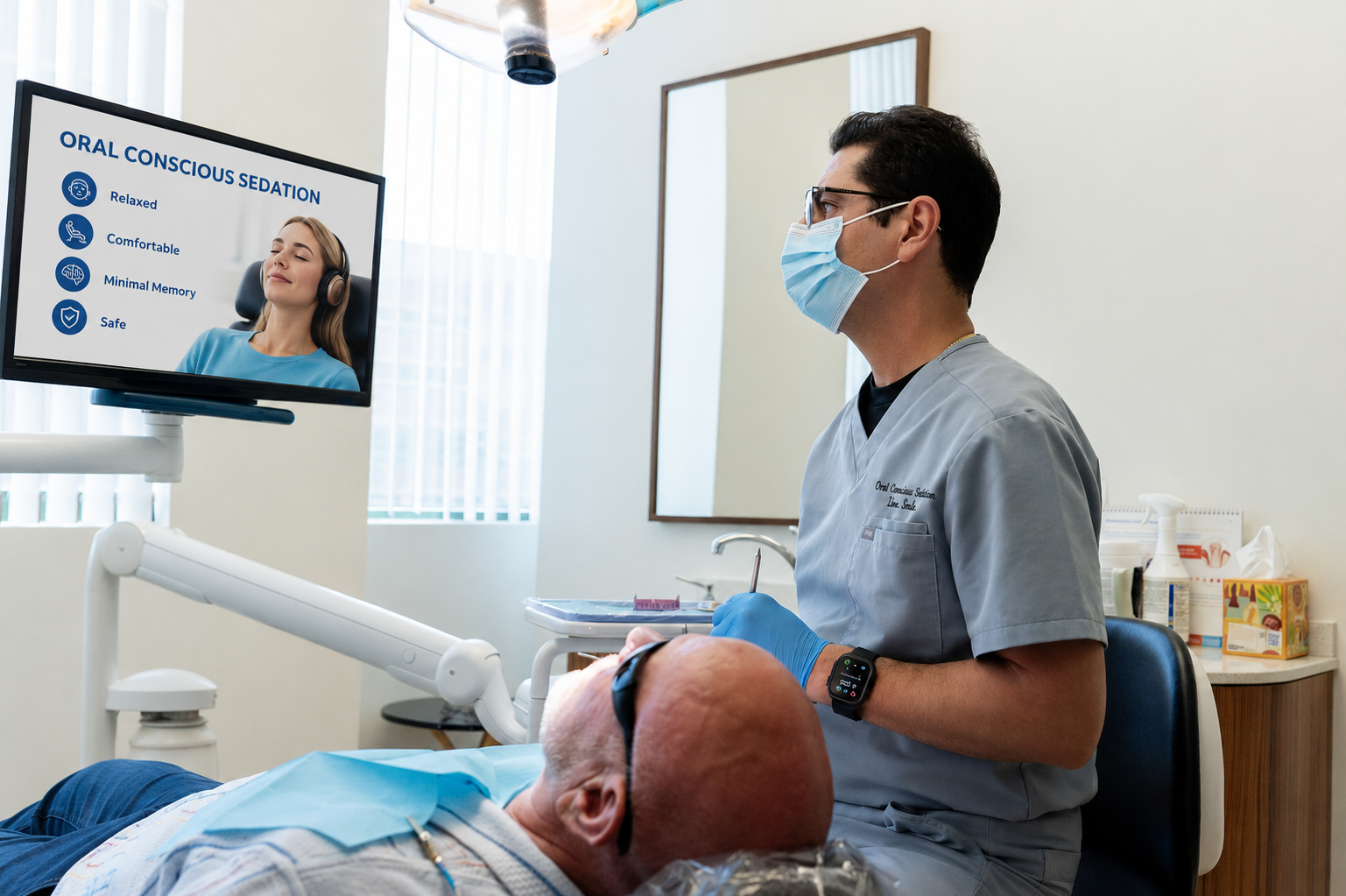 Dentist and patient in a clinic, with a monitor showing a video call consultation.