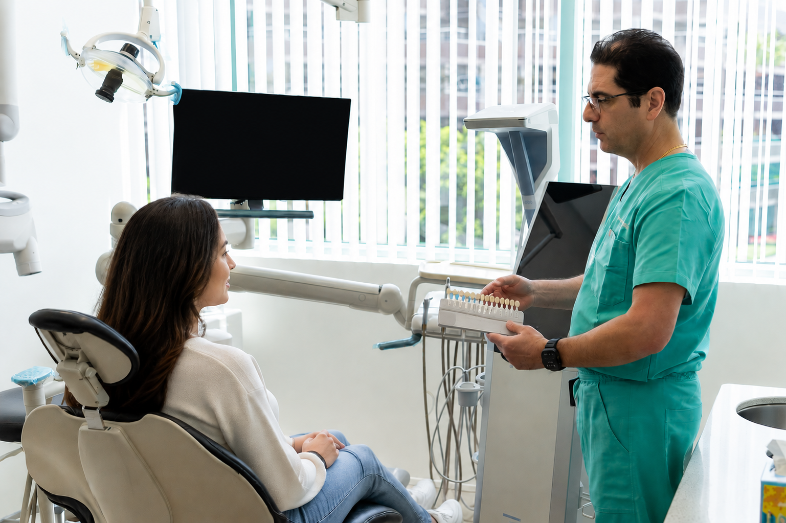 Dentist in green scrubs consulting with seated patient in a bright dental clinic