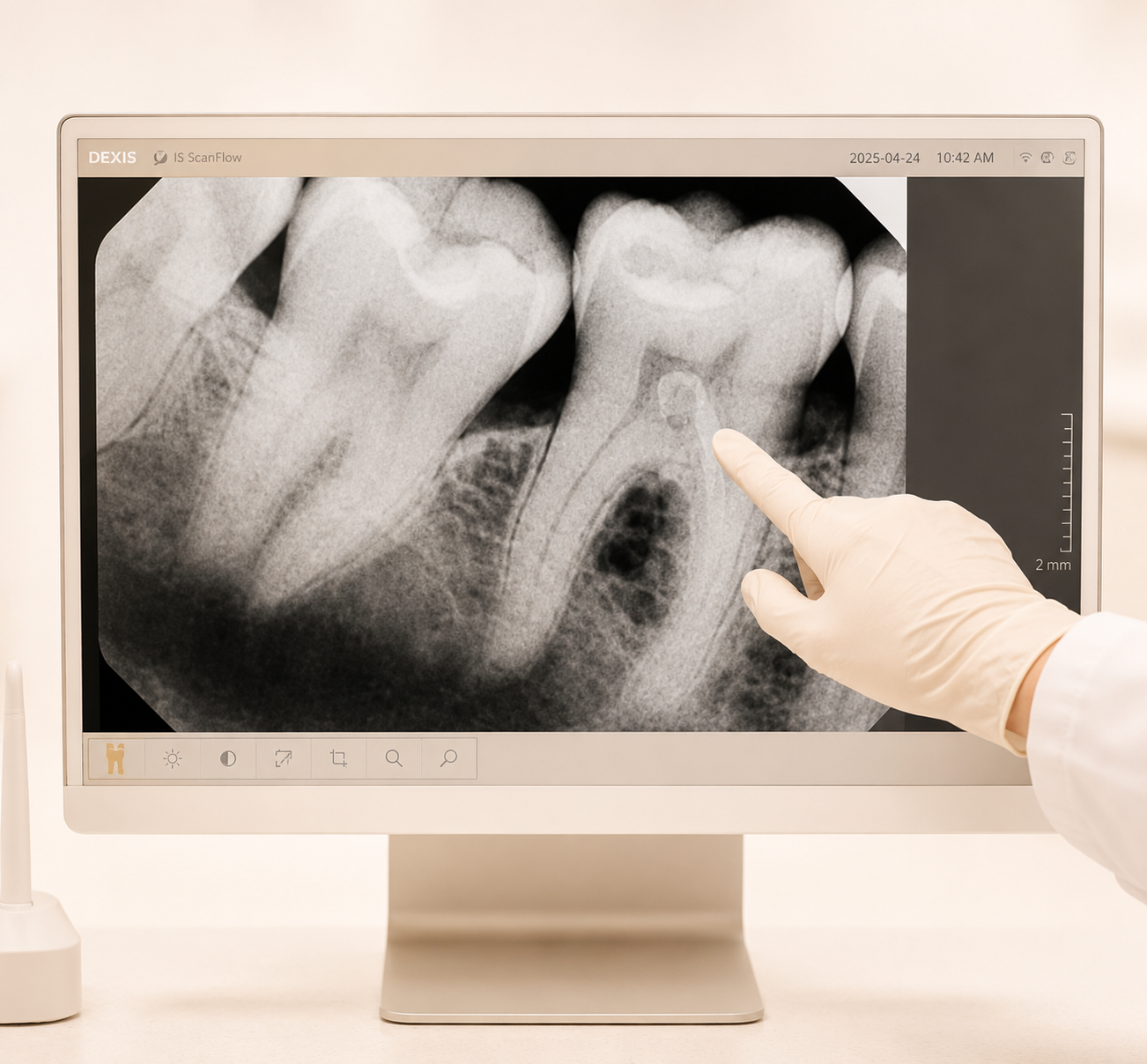 Dentist pointing at a tooth X-ray displayed on a computer monitor