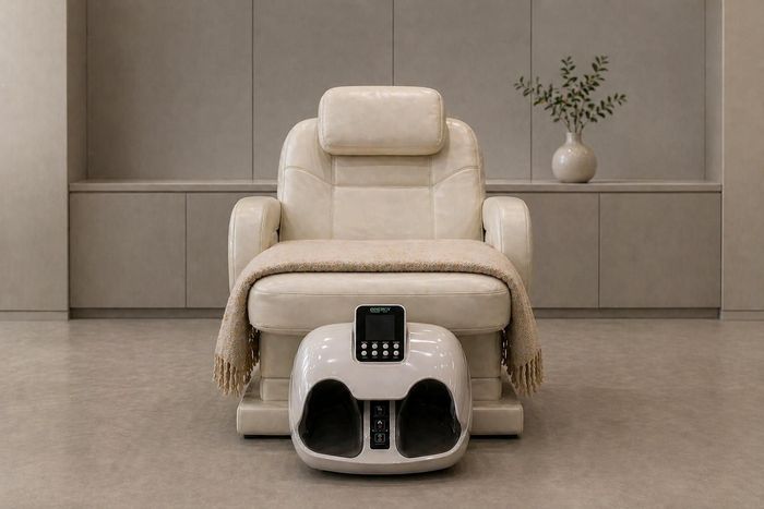 Beige electric massage chair in a minimalist room, with a small vase on a shelf behind it.