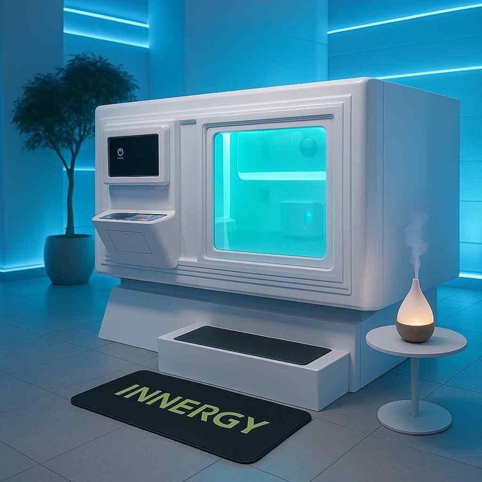 Futuristic white appliance in a blue-lit room, with a cyan window, side screen, and an “INERGY” mat.