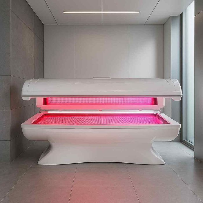 Modern tanning bed glowing pink in a sleek gray room