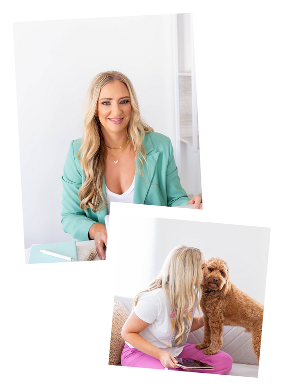 Kim Diehl Insurance Agent in a green jacket sits at a desk next to a dog