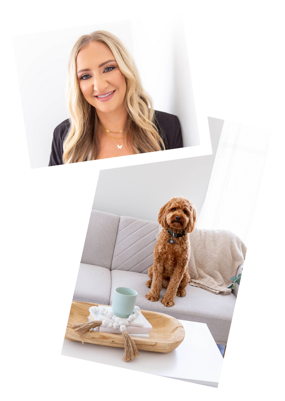 Kim Diehl Insurance Agent sits on a couch next to a dog