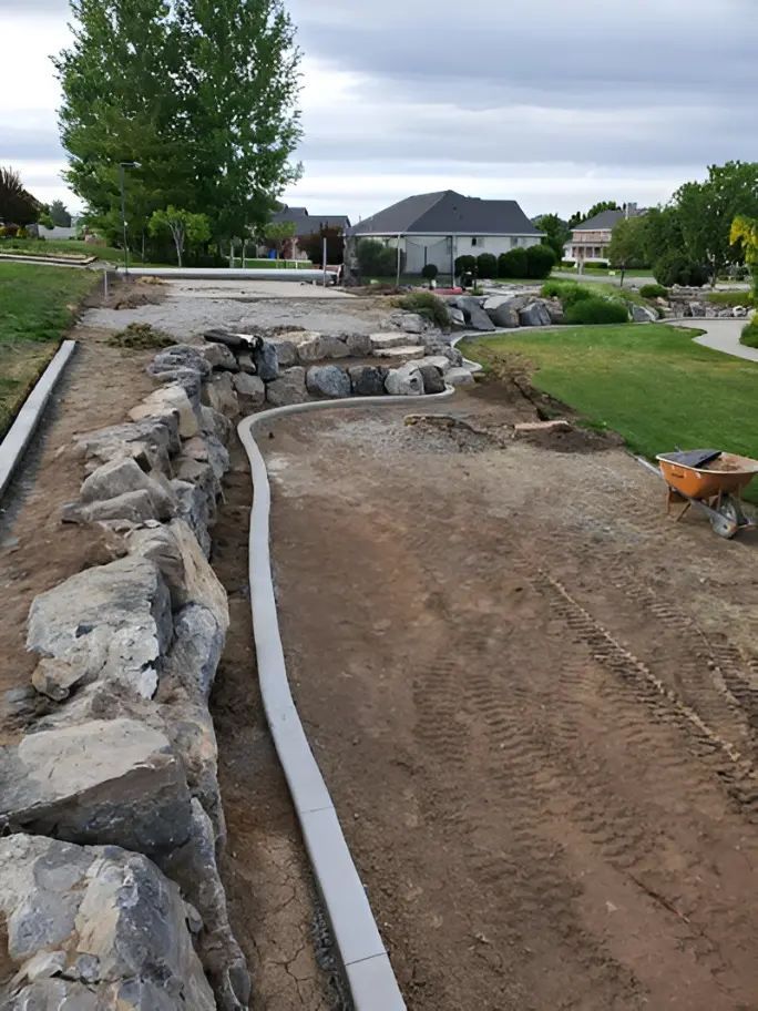 Landscaped backyard with rock edging, dirt path, and a wheelbarrow near a suburban home.