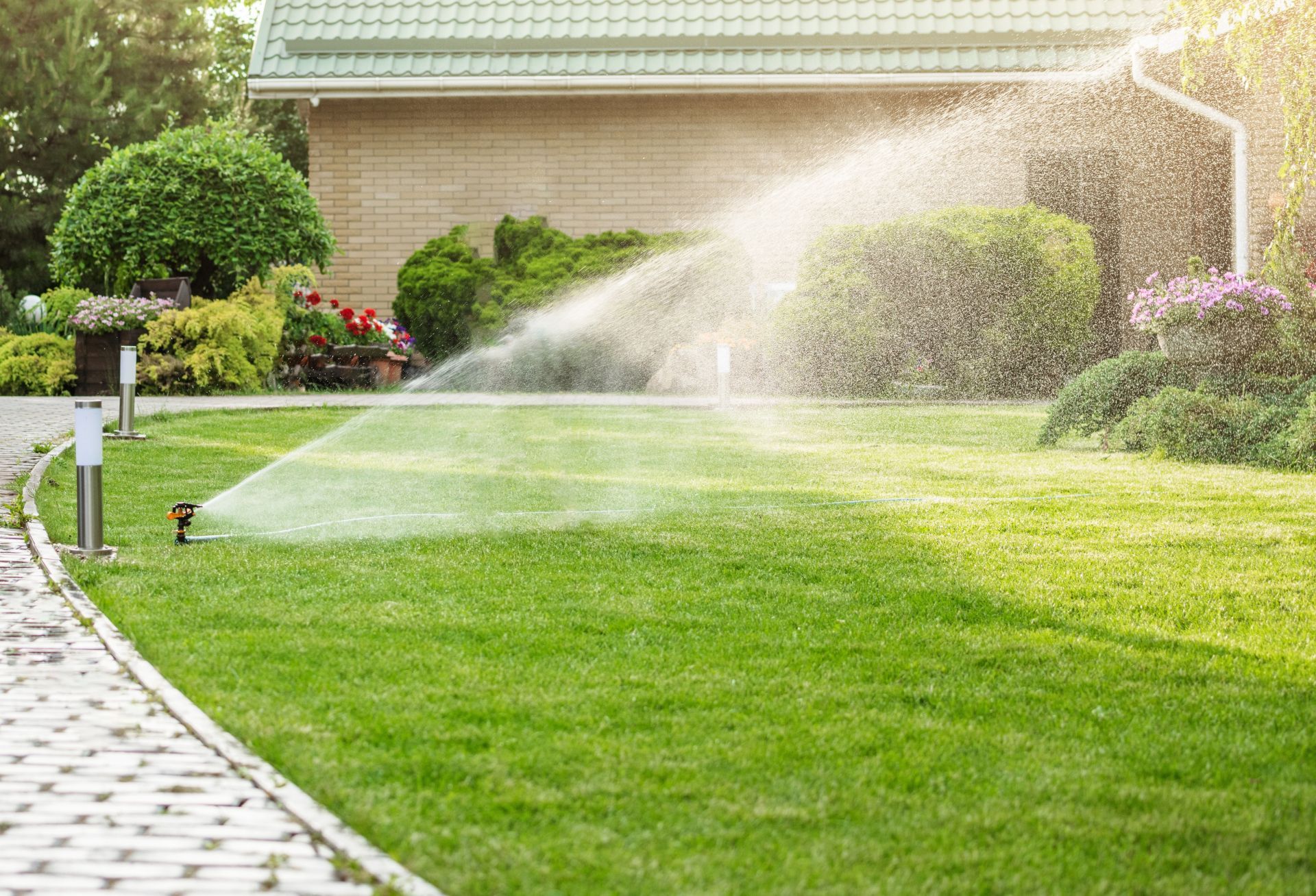 Lawn sprinkler spraying water across a green suburban yard beside a house and walkway