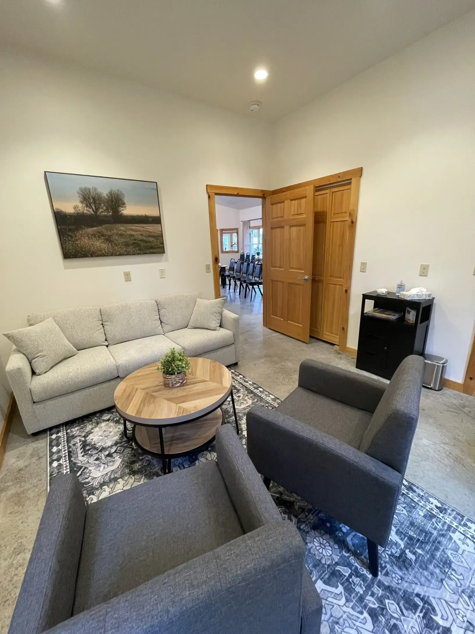 Bright living room with gray sofas, round coffee table, patterned rug, wall art, and wooden closet doors.