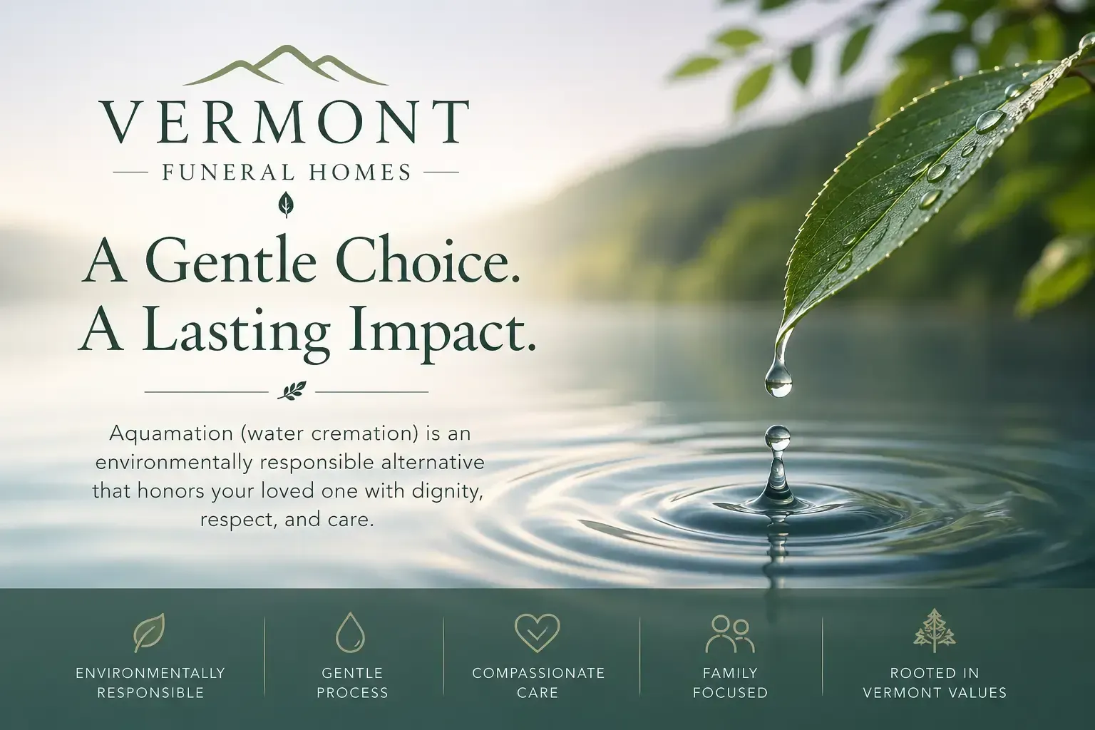 Vermont Funeral Homes ad with raindrop in calm water and the text “A Gentle Choice. A Lasting Impact.”