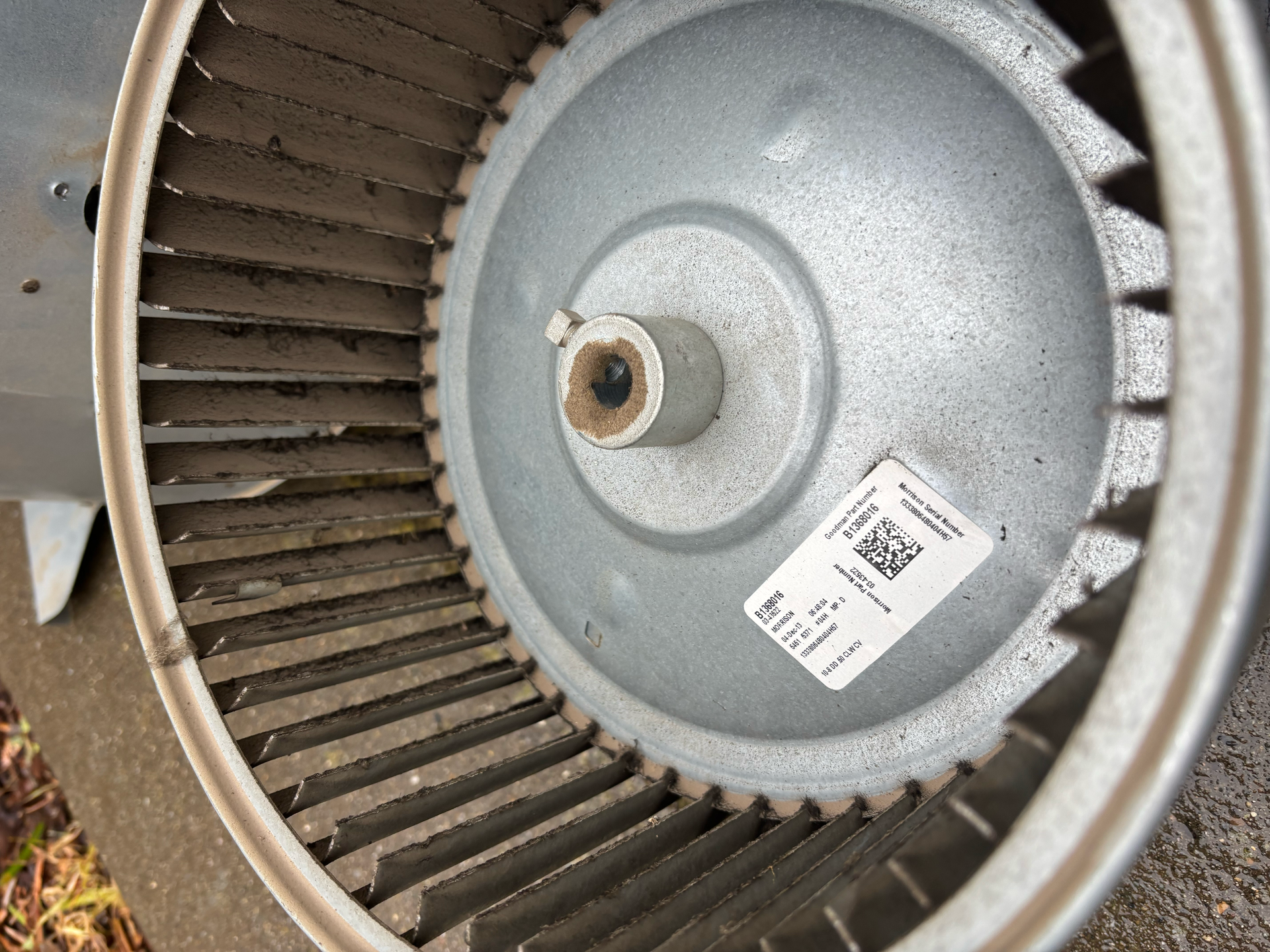 Close-up of a dirty blower wheel inside an air conditioning unit.