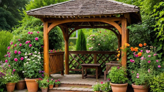 Wooden gazebo in a lush garden, surrounded by colorful potted flowers.