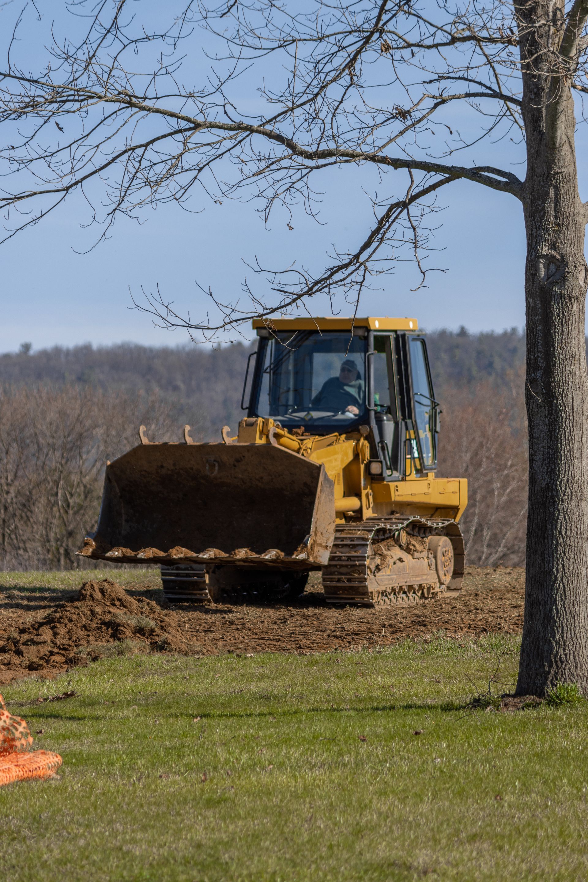 A bulldozer is driving through a grassy field next to a tree.