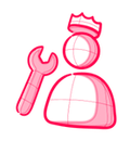 Pink outline icon of a person with a crown and a wrench, suggesting maintenance or support