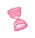 Pink line-art hourglass icon on a white background