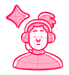 Pink outline icon of a smiling person with a top bun and sparkle