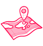 Pink location pin over a folded map with a highlighted route and points of interest