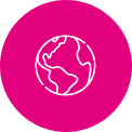 White globe icon on a bright pink circular background