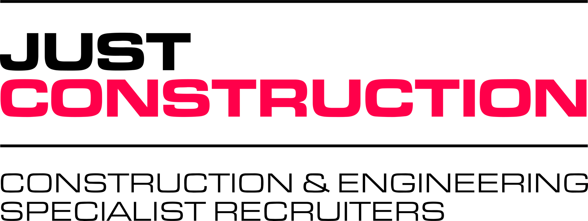 Just Construction logo with black and pink text; construction and engineering specialist contractors tagline