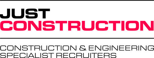 Just Construction logo with black and pink text; construction and engineering specialist contractors tagline