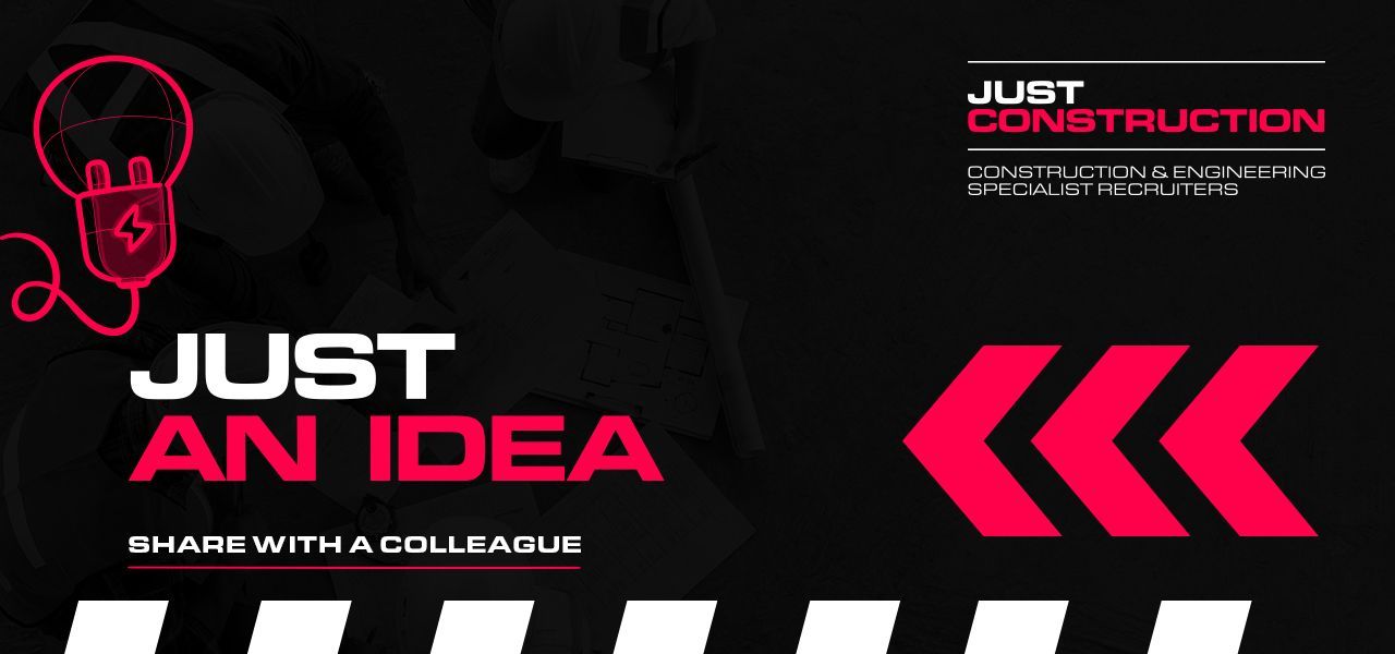 Black and pink promo banner reading “Just an Idea” with “Share with a colleague” and chevron arrows
