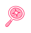 Pink magnifying glass icon with a sparkle in the lens
