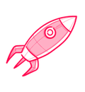 Pink outlined rocket icon with a circular window and flames at the rear