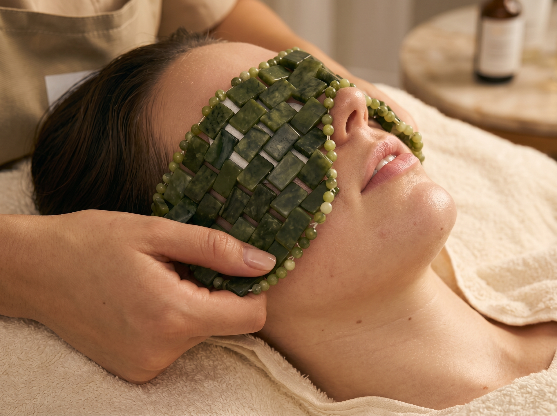 Spa treatment with a person receiving a green stone facial massage while lying on a towel