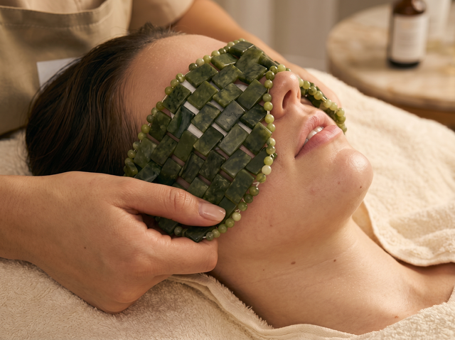 Spa treatment with a person receiving a green stone facial massage while lying on a towel
