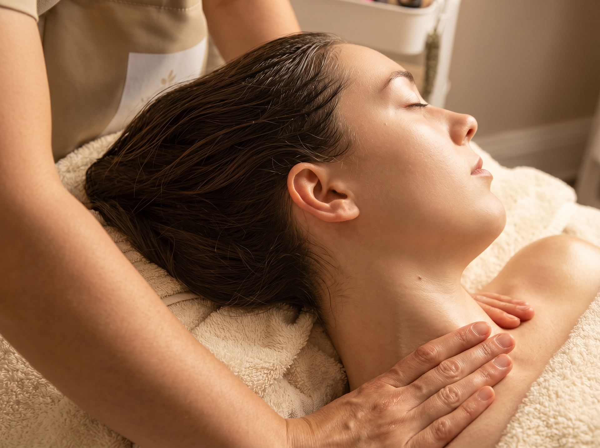 Woman receiving a neck and shoulder massage on a spa bed