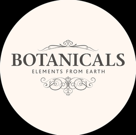 Circular beige logo reading “BOTANICALS” with “ELEMENTS FROM EARTH” and decorative flourishes