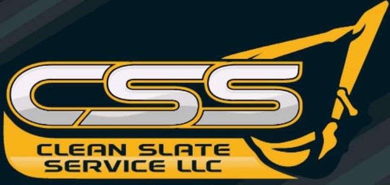 Logo of Clean Slate Service LLC, featuring “CSS” with excavator arm in gold, white, and gray on dark blue background.