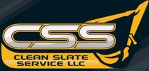 Logo of Clean Slate Service LLC, featuring “CSS” with excavator arm in gold, white, and gray on dark blue background.