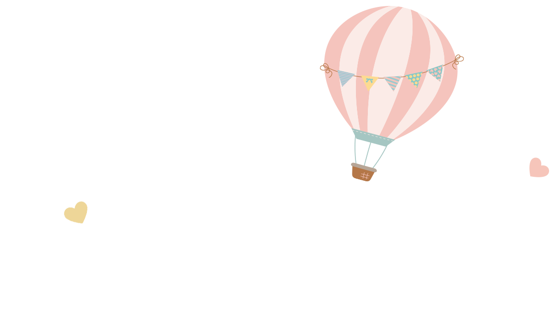 Globo aerostático de rayas rosas en un cielo blanco con pequeños corazones de colores pastel.