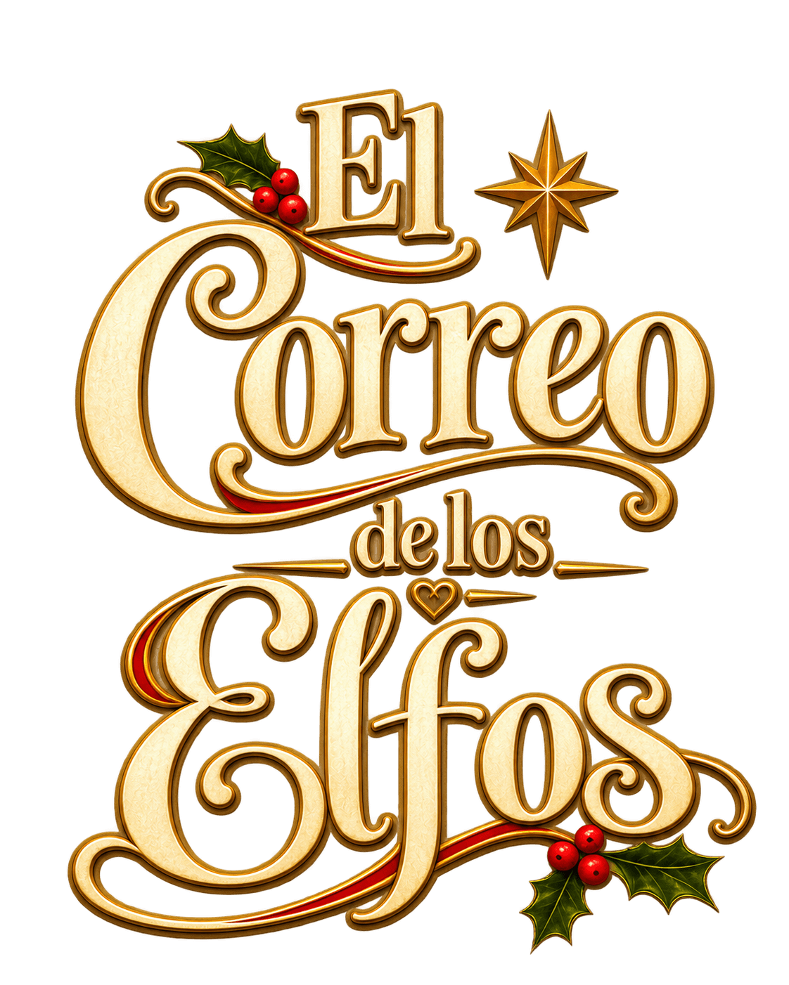 Logotipo “Correo de los Elfos” en cursiva dorada con una pequeña flor y un detalle de baya roja sobre un fondo blanco.