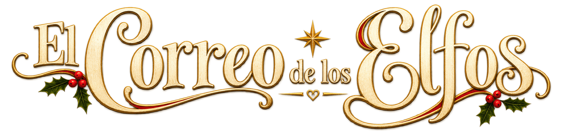 Logotipo “Correo de los Elfos” en cursiva dorada con una pequeña flor y un detalle de baya roja sobre un fondo blanco.