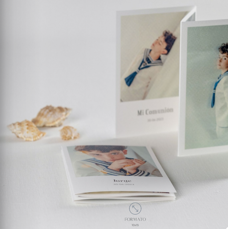 Elegante expositor de papelería con tarjetas en tonos pastel, conchas marinas y un folleto plegado sobre una mesa blanca.
