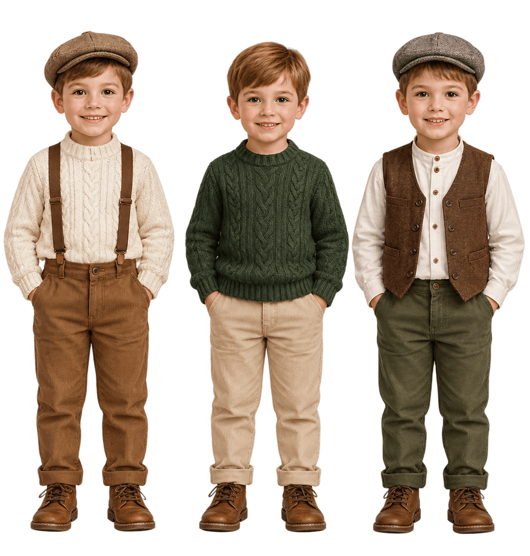 Tres chicos con atuendos vintage de pie uno al lado del otro sobre un fondo blanco.