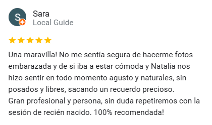 Reseña en español con 5 estrellas sobre una sesión de fotos de embarazo y recién nacido