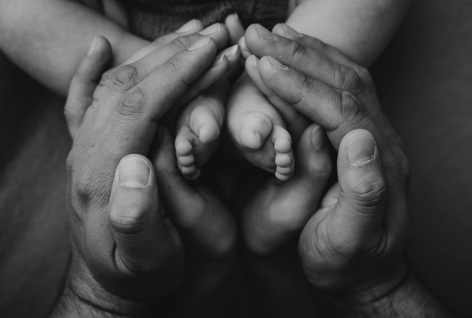 Manos que acunan los pequeños pies de un bebé en blanco y negro.