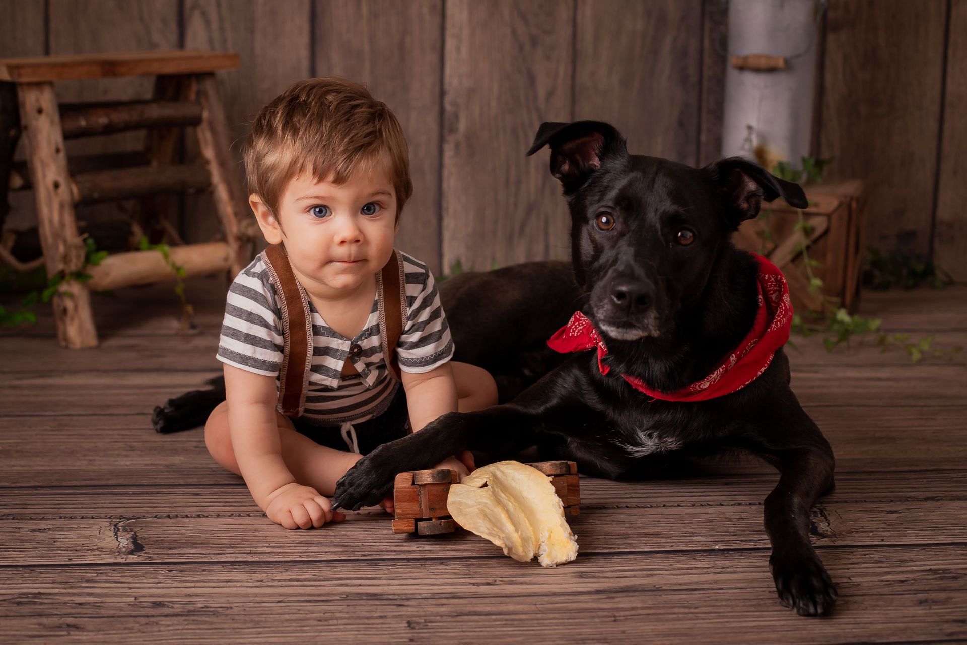 Un niño pequeño está sentado en un suelo de madera junto a un perro negro que lleva un pañuelo rojo; ambos miran a la cámara.