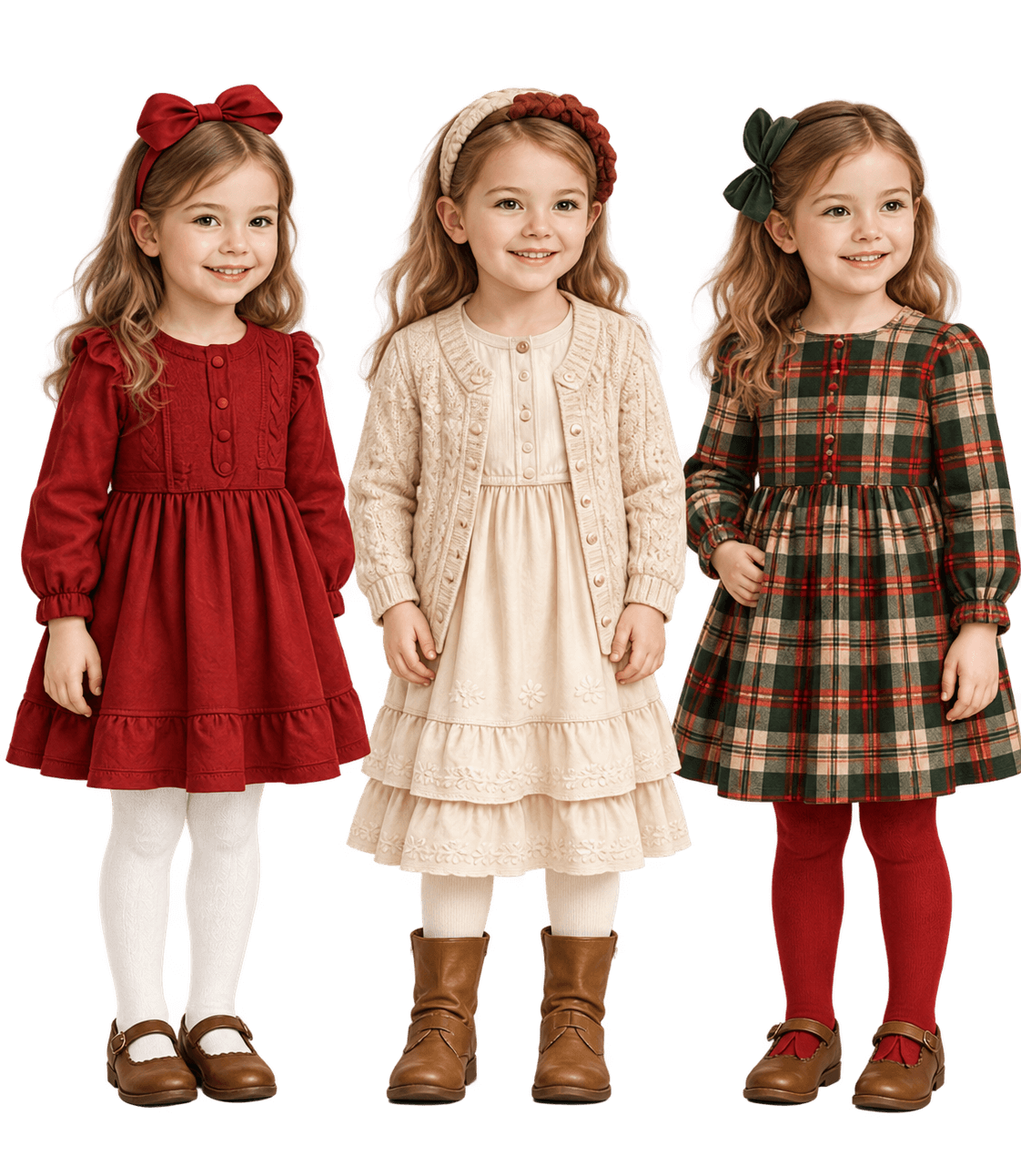 Tres niños pequeños con vestidos festivos y medias, de pie uno al lado del otro sobre un fondo blanco.
