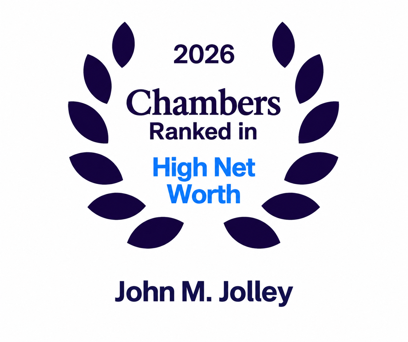 2026 Chambers Ranked in High Net Worth badge with laurel wreath and John M. Jolley name