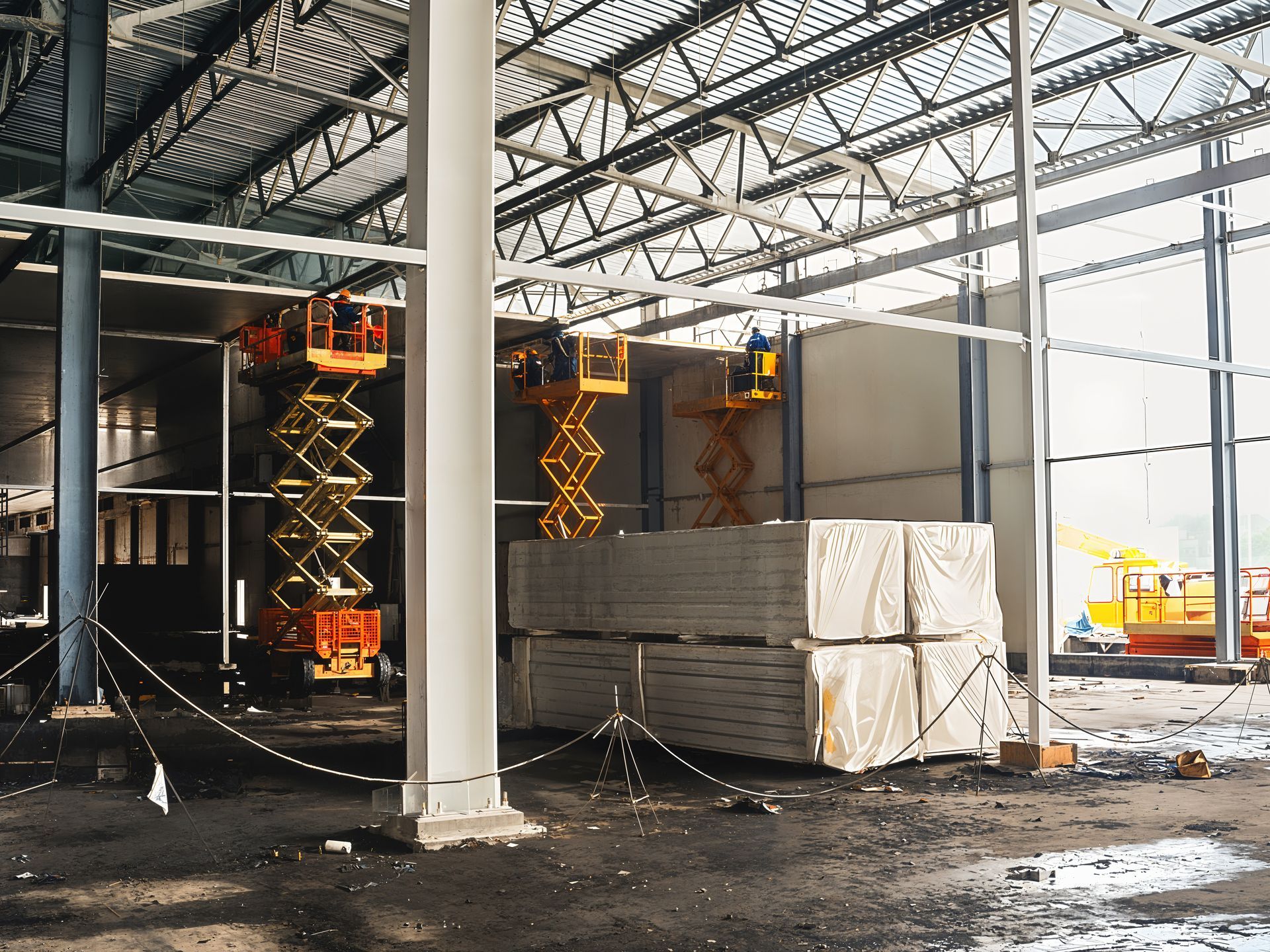 Intérieur d'un bâtiment commercial en construction avec panneaux de gypse empilés