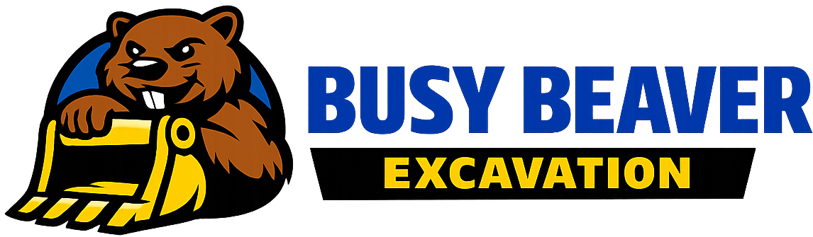 Logo for Busy Beaver Excavation featuring an illustrated brown beaver leaning on a yellow excavator bucket.